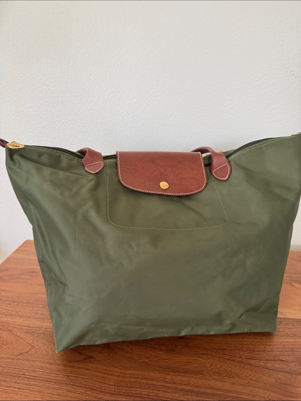 Longchamp Olive Green Tote with Brown Trim